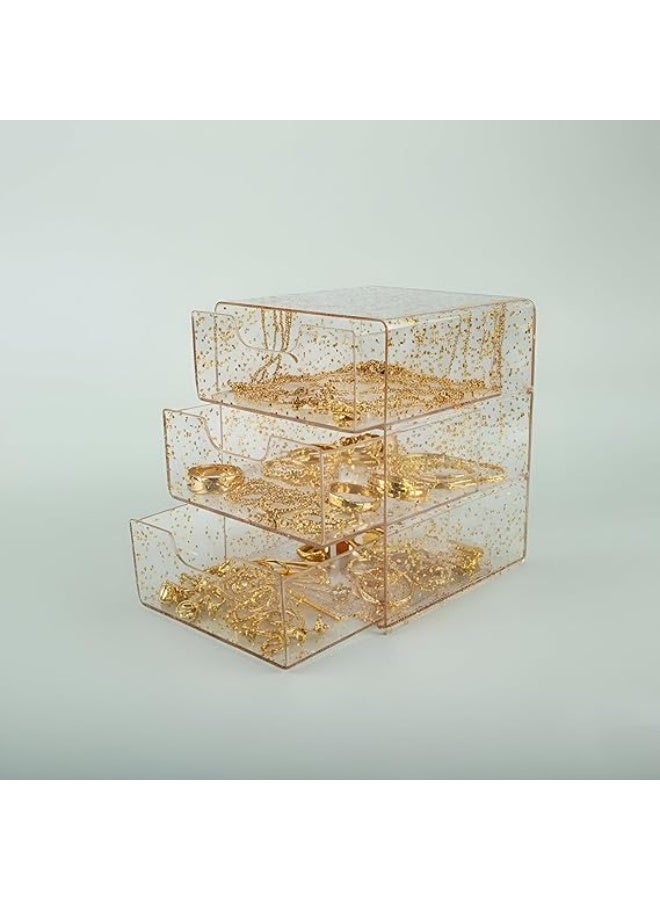 منظم أدراج أكريليك شفاف تسمح للك رؤيه ما بداخله  بثلاث ادراج مع نقاط ذهبية لامعة، لتخزين والمجوهرات،ويمكن استخدامه في اي مكان ومتعدد الاستخدامات وسهل التنظيف - Image 3